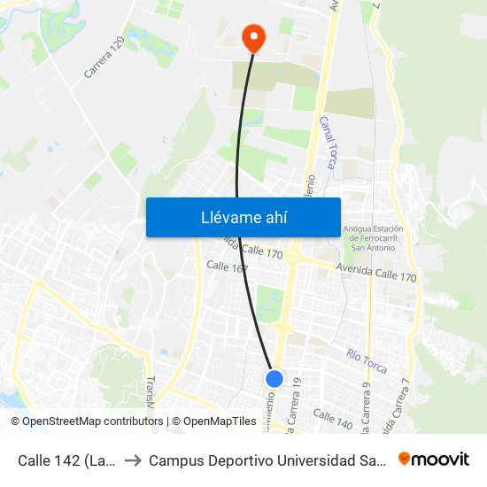 Calle 142 (Lado Norte) to Campus Deportivo Universidad Santo Tomás De Aquino map