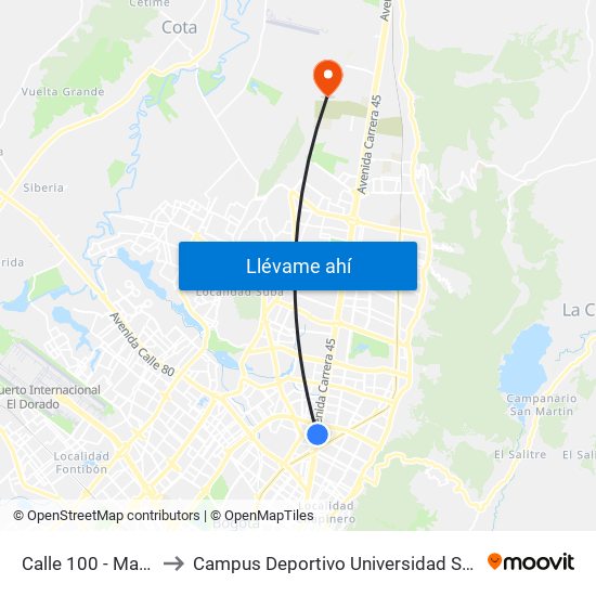 Calle 100 - Marketmedios to Campus Deportivo Universidad Santo Tomás De Aquino map