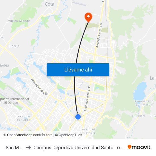 San Martín to Campus Deportivo Universidad Santo Tomás De Aquino map