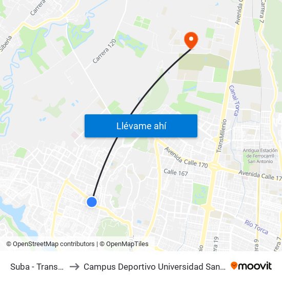 Suba - Transversal 91 to Campus Deportivo Universidad Santo Tomás De Aquino map