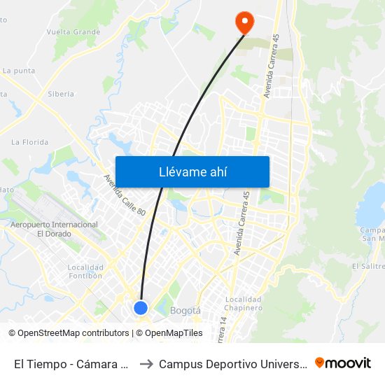 El Tiempo - Cámara De Comercio De Bogotá to Campus Deportivo Universidad Santo Tomás De Aquino map