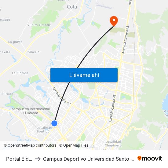 Portal Eldorado to Campus Deportivo Universidad Santo Tomás De Aquino map