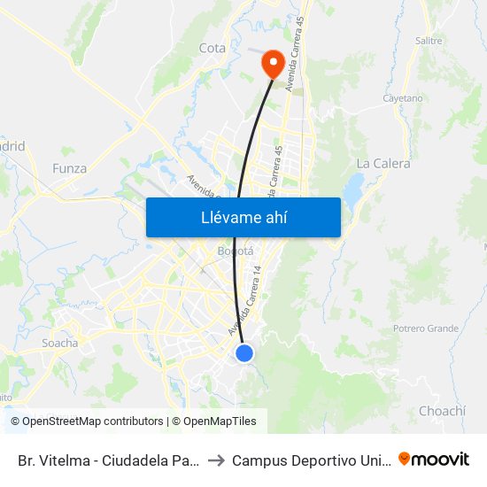 Br. Vitelma - Ciudadela Parque De La Roca (Cl 3 Sur - Kr 4a Este) to Campus Deportivo Universidad Santo Tomás De Aquino map