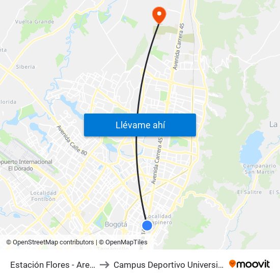 Estación Flores - Areandina (Kr 13 - Dg 68) to Campus Deportivo Universidad Santo Tomás De Aquino map