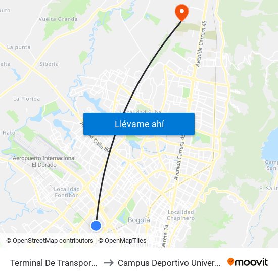 Terminal De Transporte Salitre (Kr 68d - Cl 22c) to Campus Deportivo Universidad Santo Tomás De Aquino map