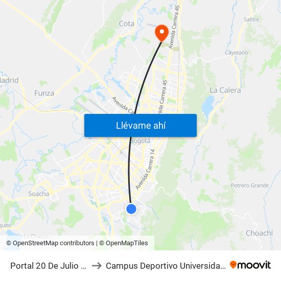 Portal 20 De Julio (Kr 5 - Cl 30a Sur) to Campus Deportivo Universidad Santo Tomás De Aquino map