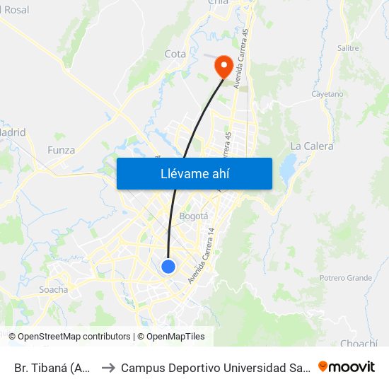Br. Tibaná (Ac 3 - Kr 38) to Campus Deportivo Universidad Santo Tomás De Aquino map