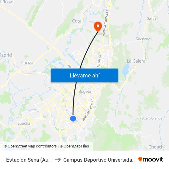 Estación Sena (Auto Sur - Cl 12 Sur) to Campus Deportivo Universidad Santo Tomás De Aquino map