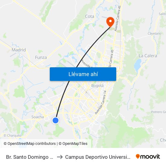 Br. Santo Domingo (Cl 68b Sur - Kr 77b) to Campus Deportivo Universidad Santo Tomás De Aquino map