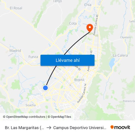 Br. Las Margaritas (Av. Tintal - Cl 49 Sur) to Campus Deportivo Universidad Santo Tomás De Aquino map