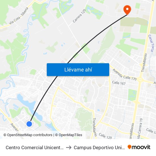 Centro Comercial Unicentro De Occidente (Kr 112f - Dg 86 Bis) to Campus Deportivo Universidad Santo Tomás De Aquino map