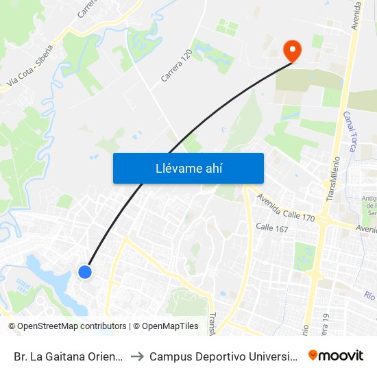 Br. La Gaitana Oriental (Cl 132 - Kr 123b) to Campus Deportivo Universidad Santo Tomás De Aquino map