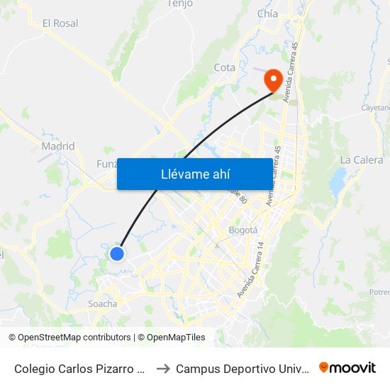 Colegio Carlos Pizarro León Gómez (Cl 73 Sur - Kr 103) to Campus Deportivo Universidad Santo Tomás De Aquino map