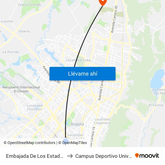 Embajada De Los Estados Unidos (Av. Esperanza - Kr 48) to Campus Deportivo Universidad Santo Tomás De Aquino map