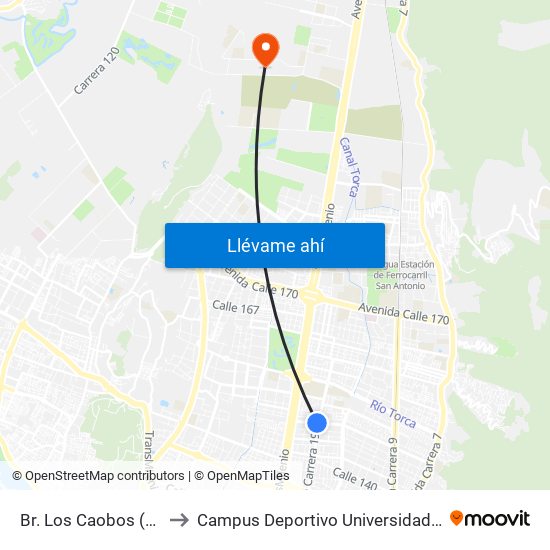 Br. Los Caobos (Ac 147 - Ak 19) to Campus Deportivo Universidad Santo Tomás De Aquino map