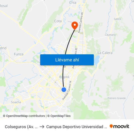 Colseguros (Av. NQS - Cl 22a) to Campus Deportivo Universidad Santo Tomás De Aquino map