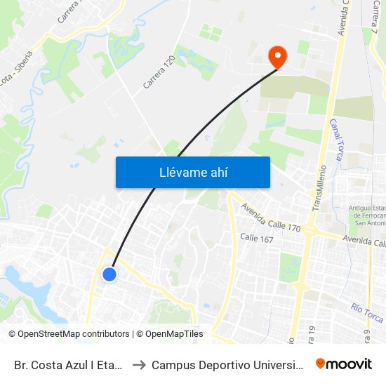 Br. Costa Azul I Etapa (Cl 139 - Kr 102a) to Campus Deportivo Universidad Santo Tomás De Aquino map