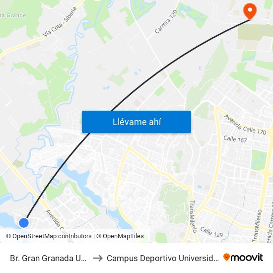 Br. Gran Granada Unir (Dg 77 - Tv 120a) to Campus Deportivo Universidad Santo Tomás De Aquino map