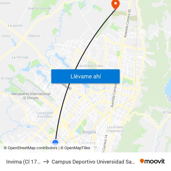 Invima (Cl 17 - Kr 68d) to Campus Deportivo Universidad Santo Tomás De Aquino map