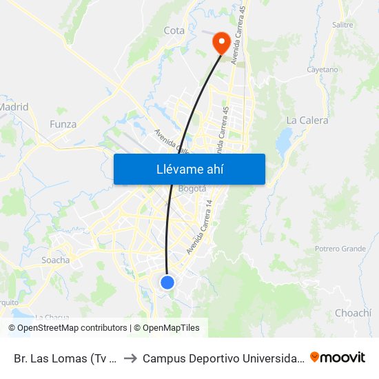 Br. Las Lomas (Tv 11a - Dg 38g Sur) to Campus Deportivo Universidad Santo Tomás De Aquino map