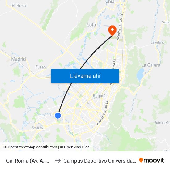 Cai Roma (Av. A. Mejía - Cl 55a Sur) to Campus Deportivo Universidad Santo Tomás De Aquino map