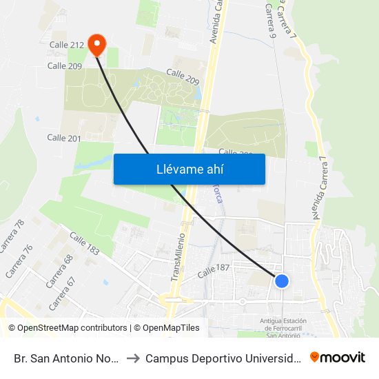 Br. San Antonio Norte (Ak 9 - Cl 185b) to Campus Deportivo Universidad Santo Tomás De Aquino map