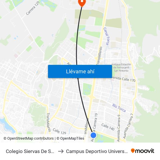 Colegio Siervas De San José (Ak 19 - Cl 131) to Campus Deportivo Universidad Santo Tomás De Aquino map