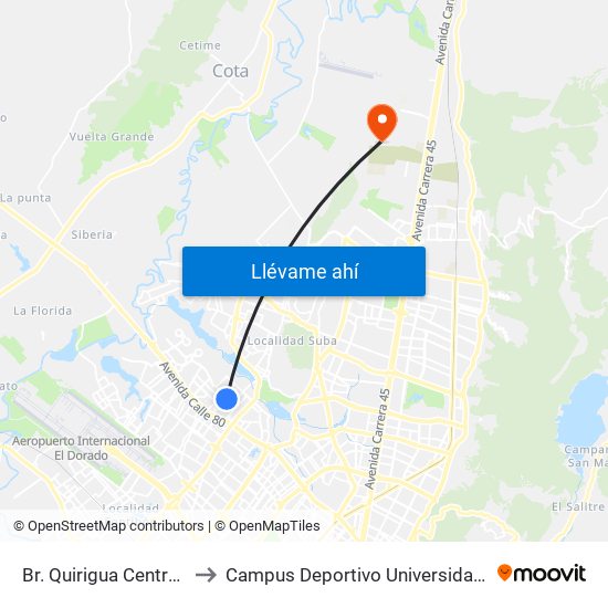 Br. Quirigua Central (Kr 94h - Cl 84) to Campus Deportivo Universidad Santo Tomás De Aquino map