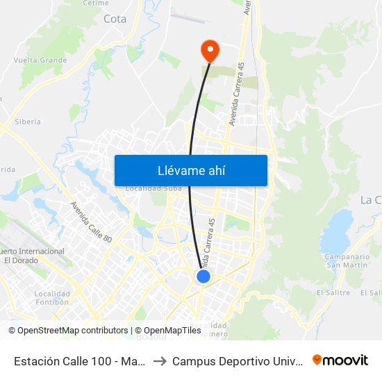 Estación Calle 100 - Marketmedios (Auto Norte - Cl 95) to Campus Deportivo Universidad Santo Tomás De Aquino map
