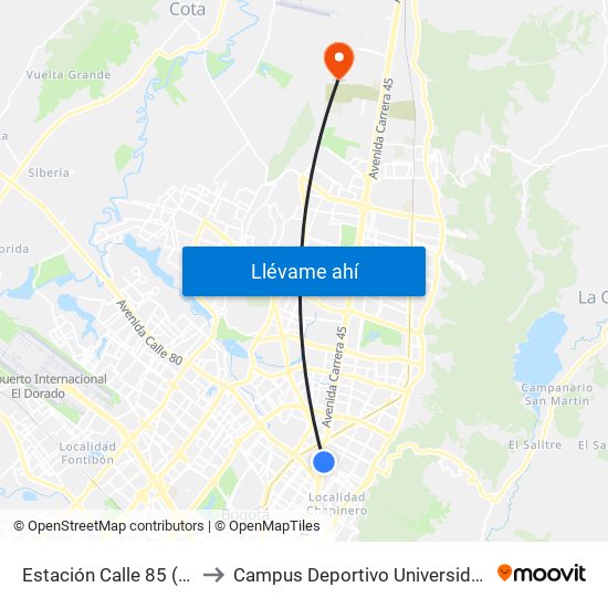 Estación Calle 85 (Auto Norte - Cl 85) to Campus Deportivo Universidad Santo Tomás De Aquino map