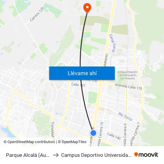 Parque Alcalá (Auto Norte - Cl 136) to Campus Deportivo Universidad Santo Tomás De Aquino map