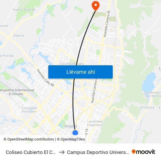 Coliseo Cubierto El Campín (Av. NQS - Cl 57b) to Campus Deportivo Universidad Santo Tomás De Aquino map