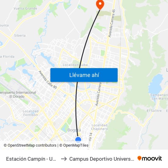 Estación Campín - Universidad Antonio Nariño (Av. NQS - Cl 53a Bis) to Campus Deportivo Universidad Santo Tomás De Aquino map