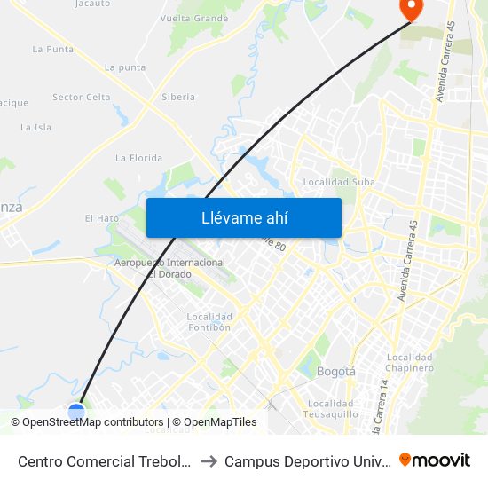 Centro Comercial Trebolis El Porvenir (Kr 95a - Cl 49c Sur) to Campus Deportivo Universidad Santo Tomás De Aquino map