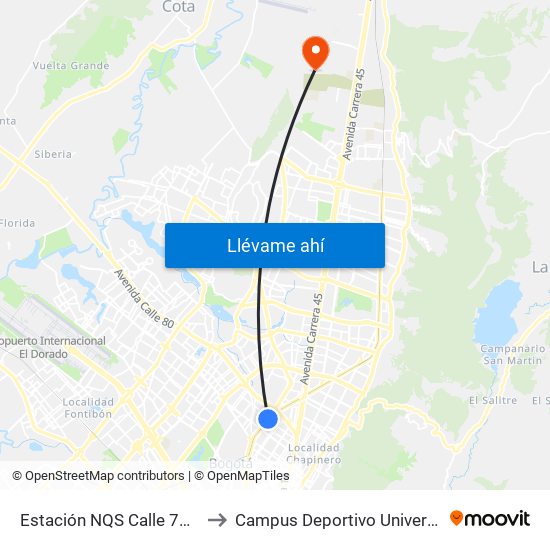 Estación NQS Calle 75 - Zona M (Av NQS - Cl 76) to Campus Deportivo Universidad Santo Tomás De Aquino map