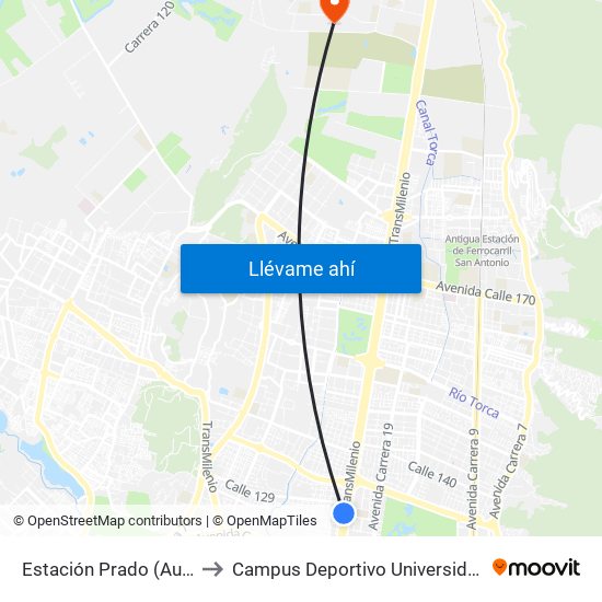 Estación Prado (Auto Norte - Cl 128a) to Campus Deportivo Universidad Santo Tomás De Aquino map