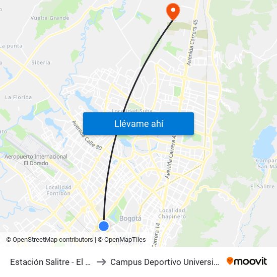 Estación Salitre - El Greco (Ac 26 - Kr 66) to Campus Deportivo Universidad Santo Tomás De Aquino map