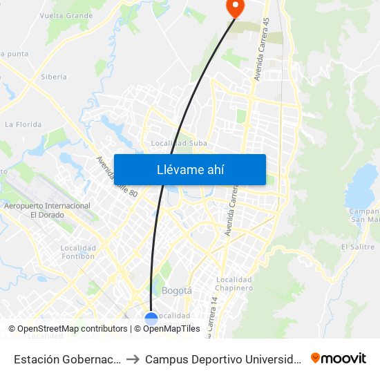 Estación Gobernación (Ac 26 - Kr 51) to Campus Deportivo Universidad Santo Tomás De Aquino map