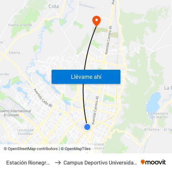 Estación Rionegro (Ak 50 - Cl 91a) to Campus Deportivo Universidad Santo Tomás De Aquino map