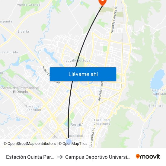 Estación Quinta Paredes (Ac 26 - Kr 45) to Campus Deportivo Universidad Santo Tomás De Aquino map
