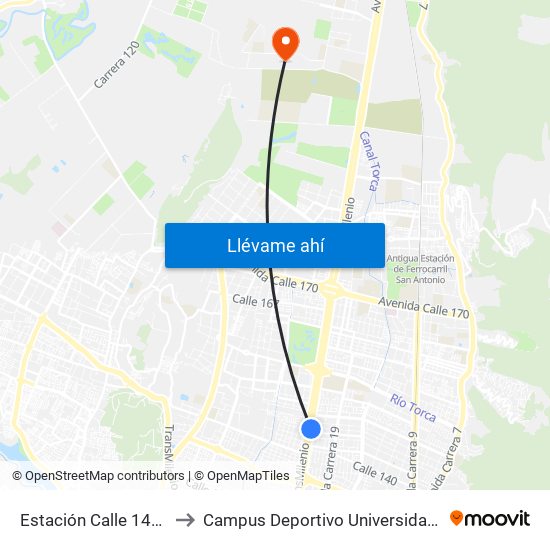 Estación Calle 142 (Cl 145 - Kr 21) to Campus Deportivo Universidad Santo Tomás De Aquino map