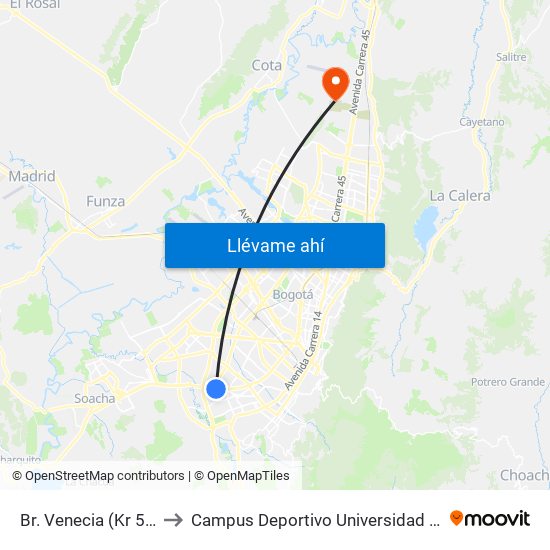 Br. Venecia (Kr 50 - Dg 45 Sur) to Campus Deportivo Universidad Santo Tomás De Aquino map