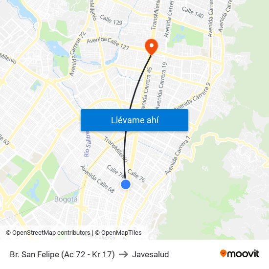 Br. San Felipe (Ac 72 - Kr 17) to Javesalud map