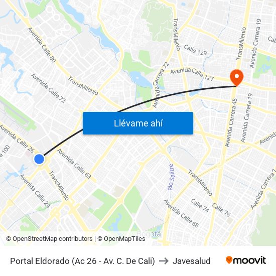 Portal Eldorado (Ac 26 - Av. C. De Cali) to Javesalud map