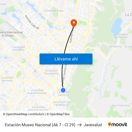 Estación Museo Nacional (Ak 7 - Cl 29) to Javesalud map