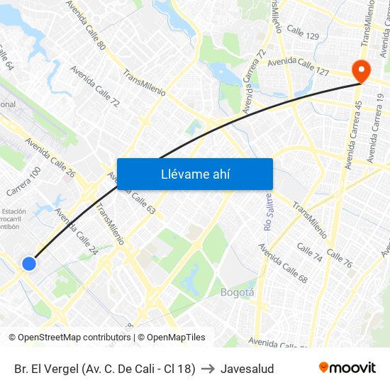 Br. El Vergel (Av. C. De Cali - Cl 18) to Javesalud map