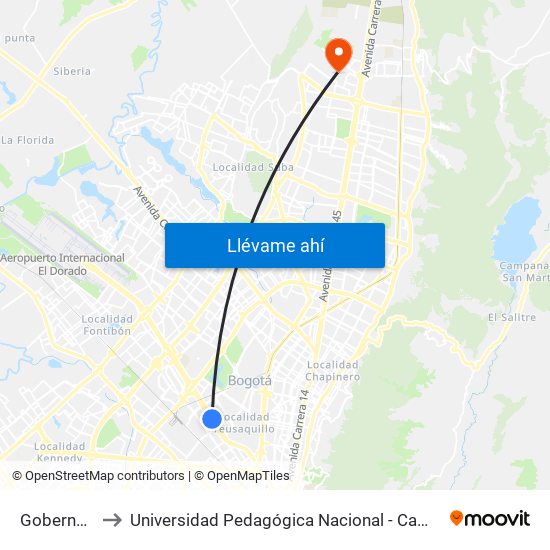 Gobernación to Universidad Pedagógica Nacional - Campus Valmaria map