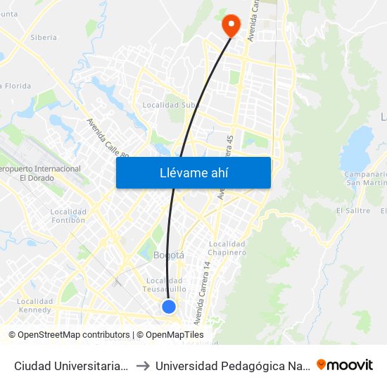 Ciudad Universitaria - Lotería De Bogotá to Universidad Pedagógica Nacional - Campus Valmaria map