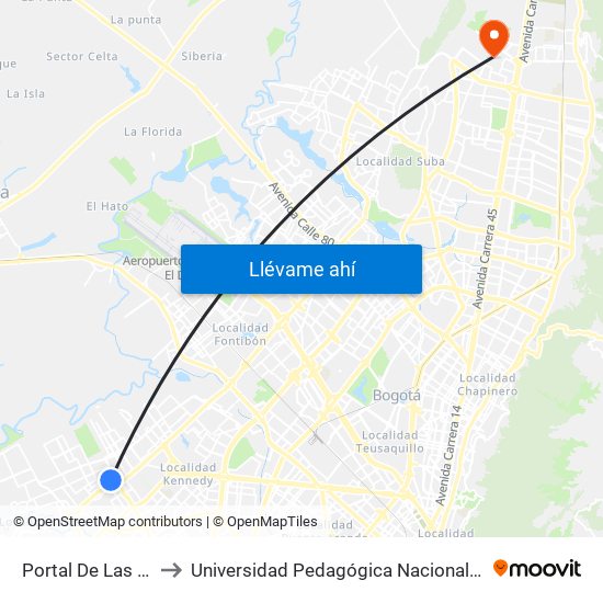 Portal De Las Américas to Universidad Pedagógica Nacional - Campus Valmaria map