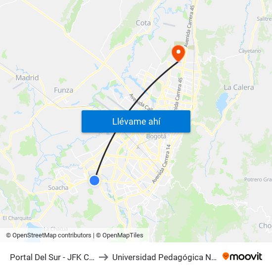 Portal Del Sur - JFK Cooperativa Financiera to Universidad Pedagógica Nacional - Campus Valmaria map